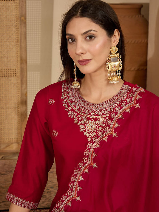 Maroon Silk Embroidered Kurta Set with Dupatta Round Neck Ethnic Wear for Karwa Chauth