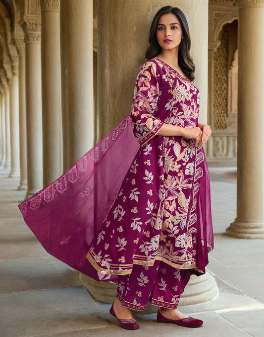 Maroon Cotton Printed Anarkali Kurta Set with Square Neck, Pant & Dupatta Perfect for Office, Daily & Casual Wear