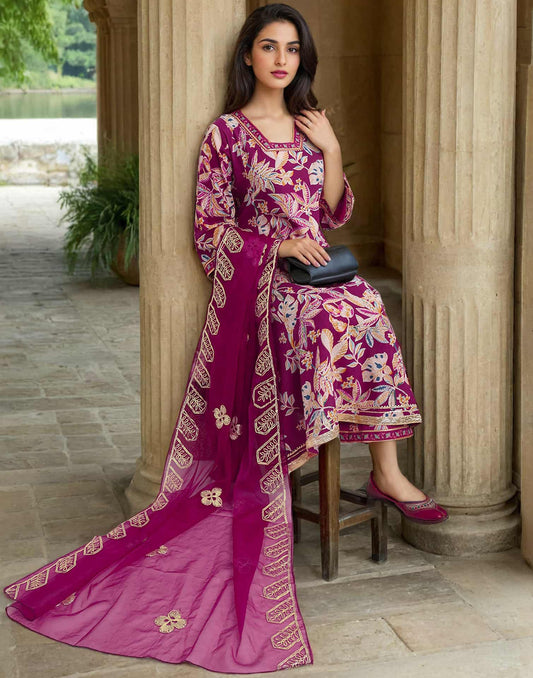Maroon Cotton Printed Anarkali Kurta Set with Square Neck, Pant & Dupatta Perfect for Office, Daily & Casual Wear