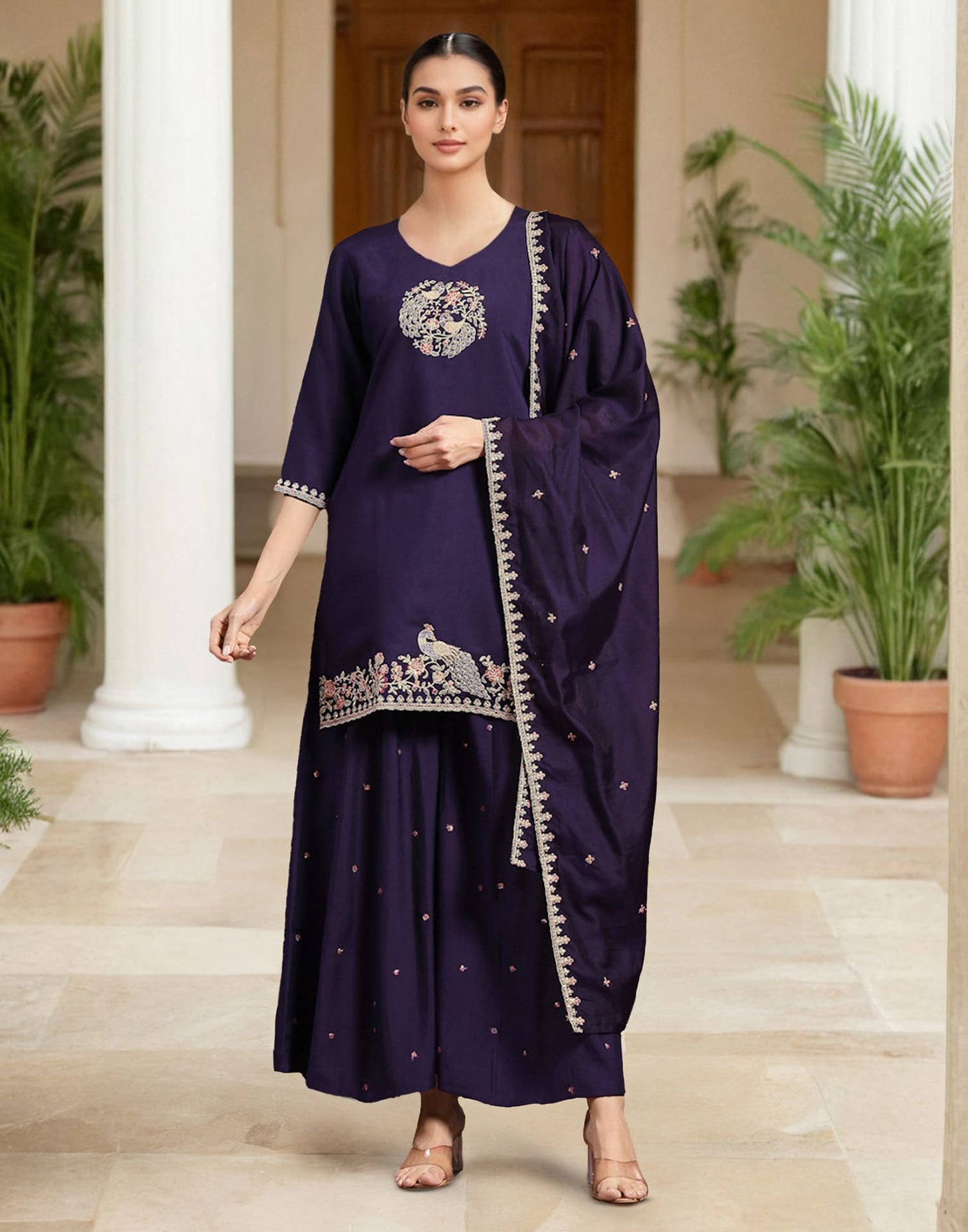 Elegant Purple Silk Embroidered Kurta Set with Sharara & Dupatta Perfect Diwali & Wedding Ethnic Wear