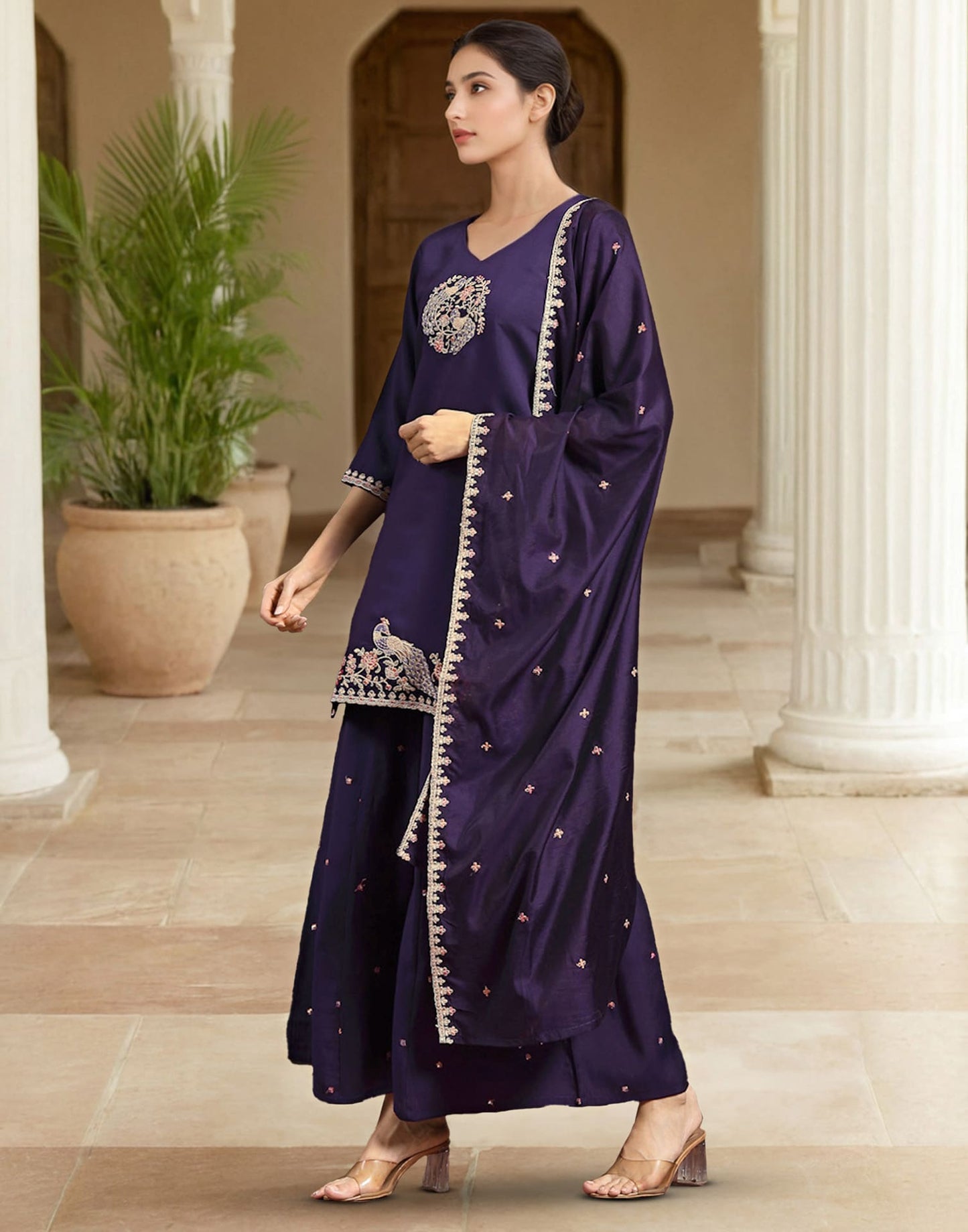 Elegant Purple Silk Embroidered Kurta Set with Sharara & Dupatta Perfect Diwali & Wedding Ethnic Wear