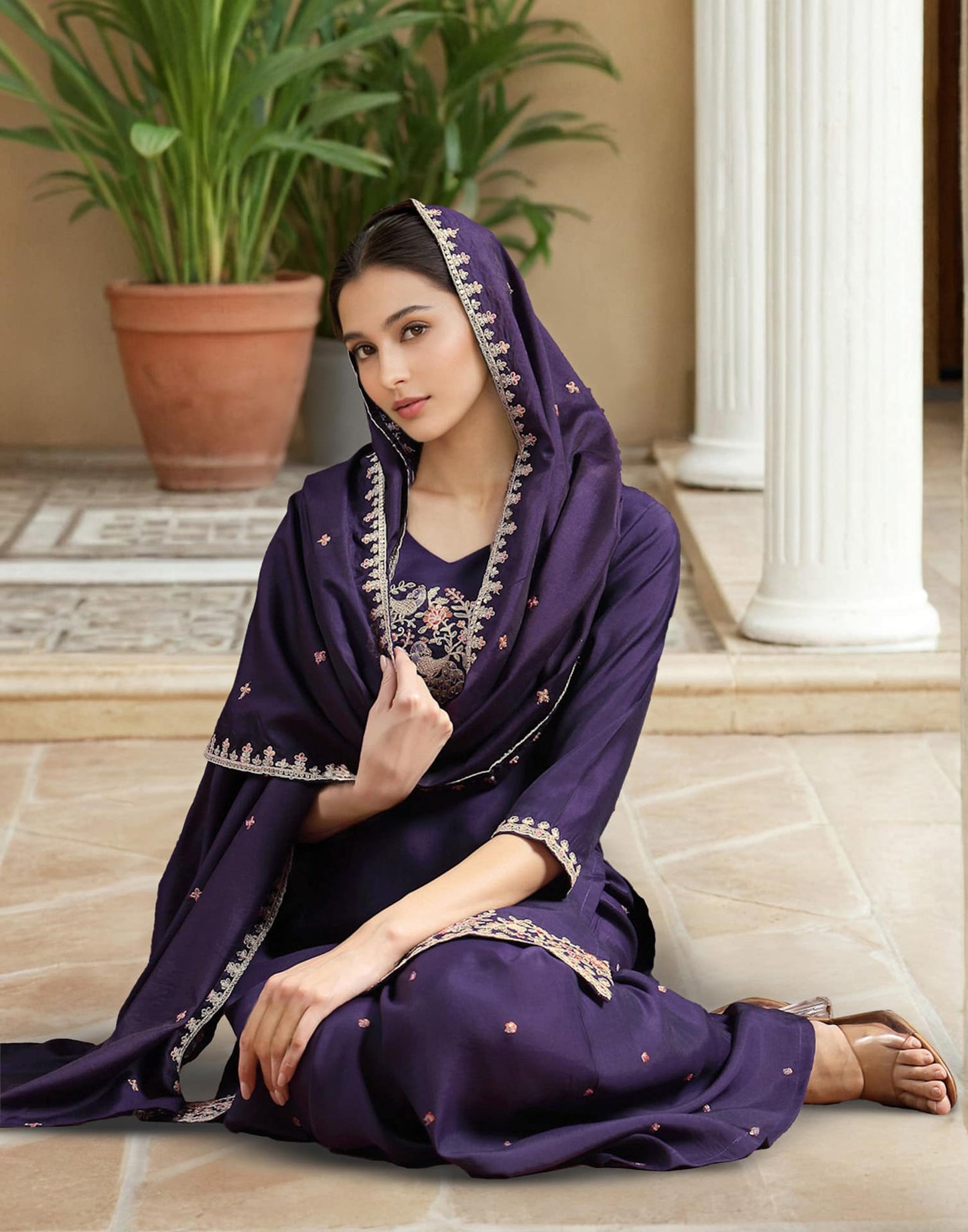 Elegant Purple Silk Embroidered Kurta Set with Sharara & Dupatta Perfect Diwali & Wedding Ethnic Wear