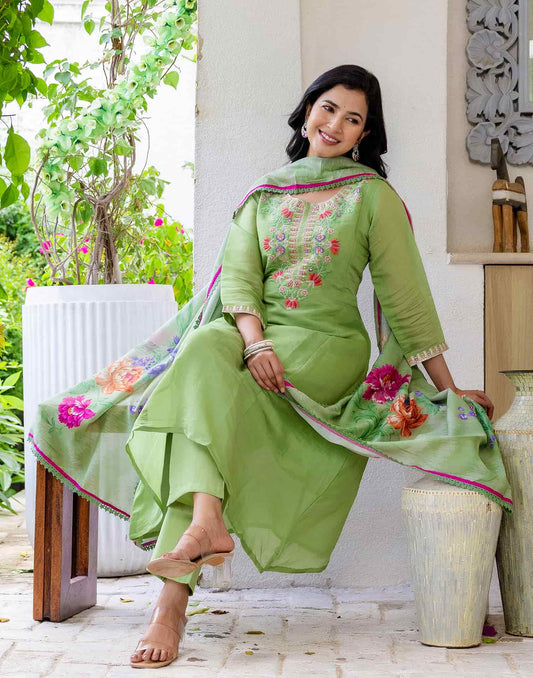 Silk Embroidered A-Line Kurta with Pant & Dupatta