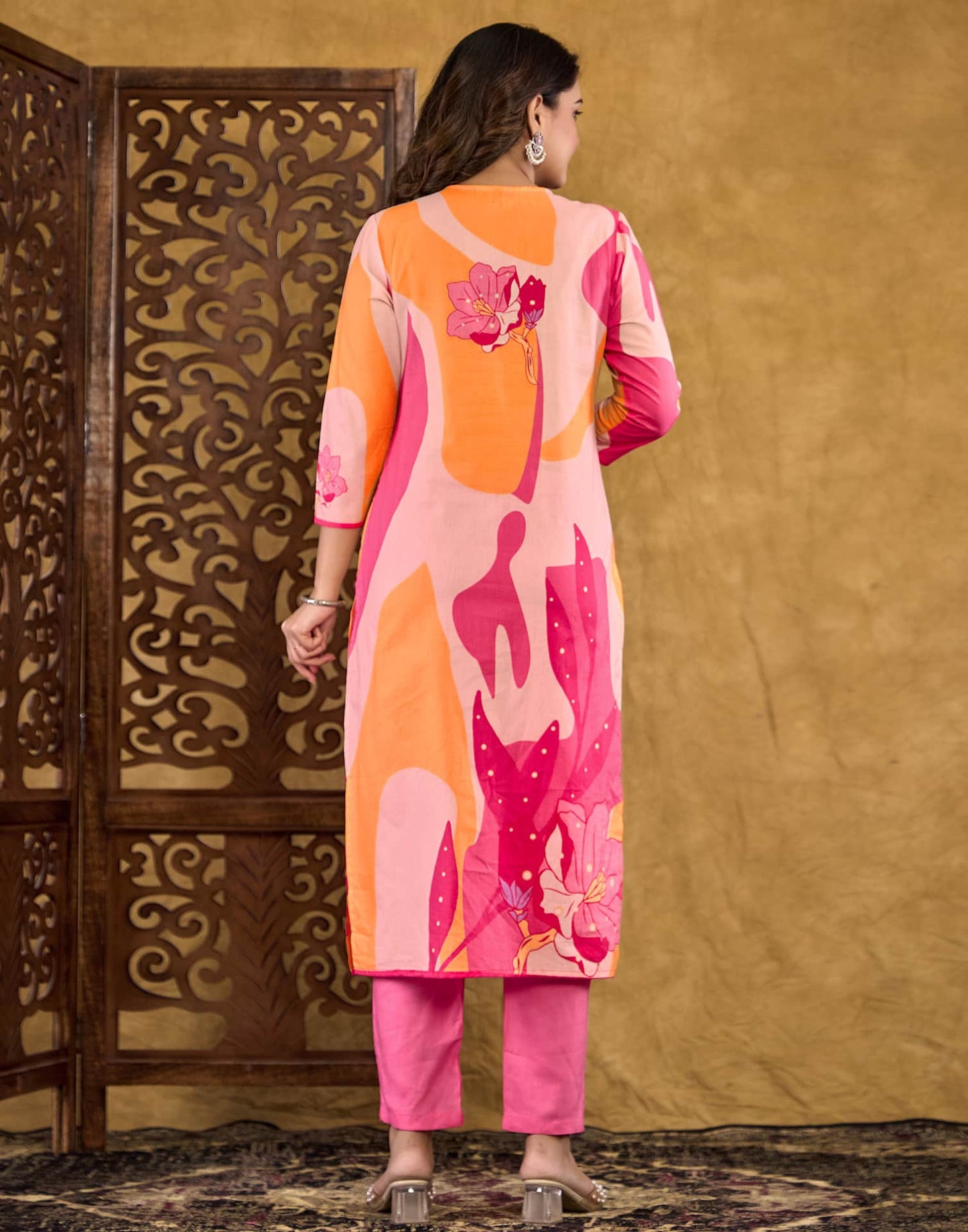 Cotton Straight Printed V-Neck Kurta with Pant & Dupatta