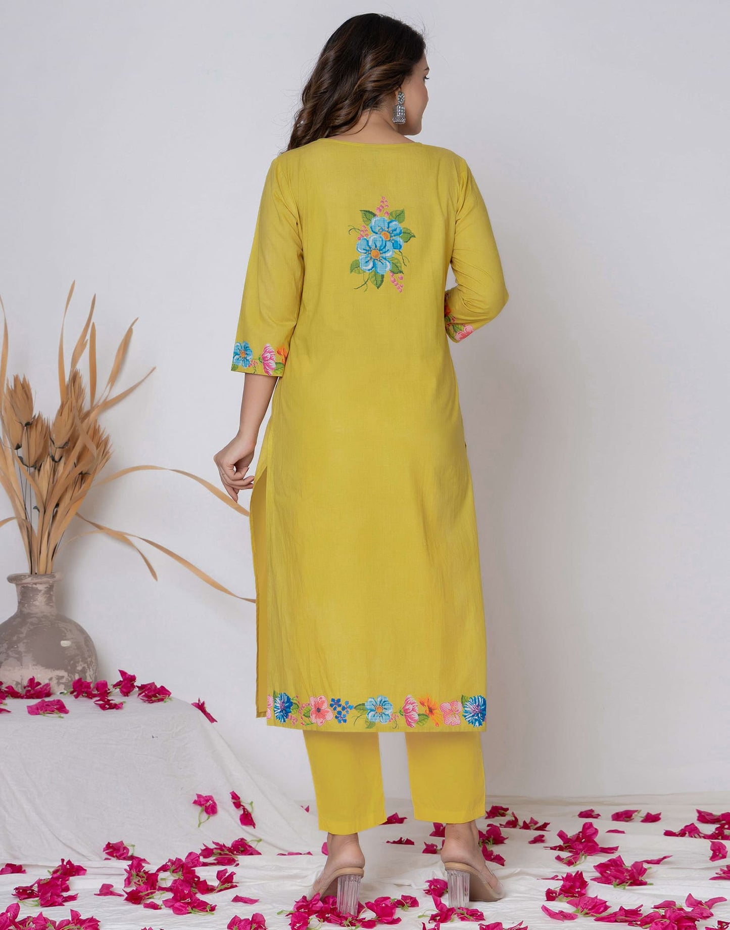 Yellow Cotton Printed Straight Kurta Set with Pant & Dupatta Affordable Casual & Office Wear for Women under 999