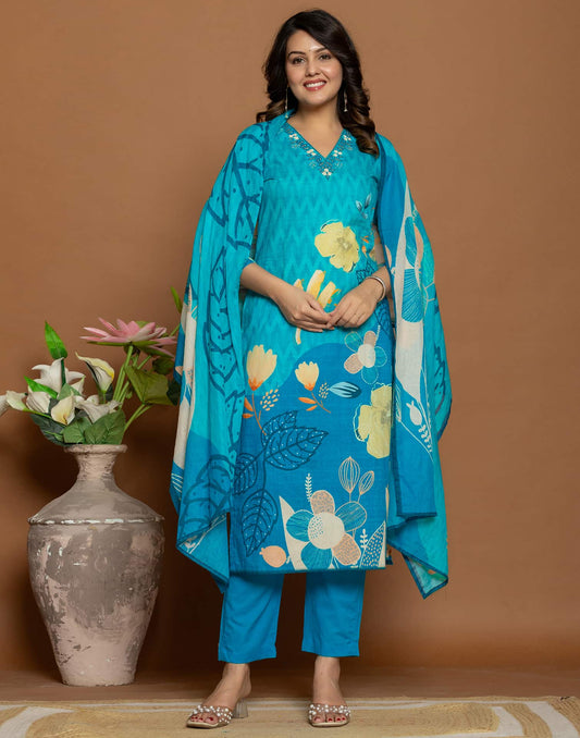 Blue Cotton Printed Straight Kurta Set with Pant & Dupatta for Women Affordable Daily Wear Outfit