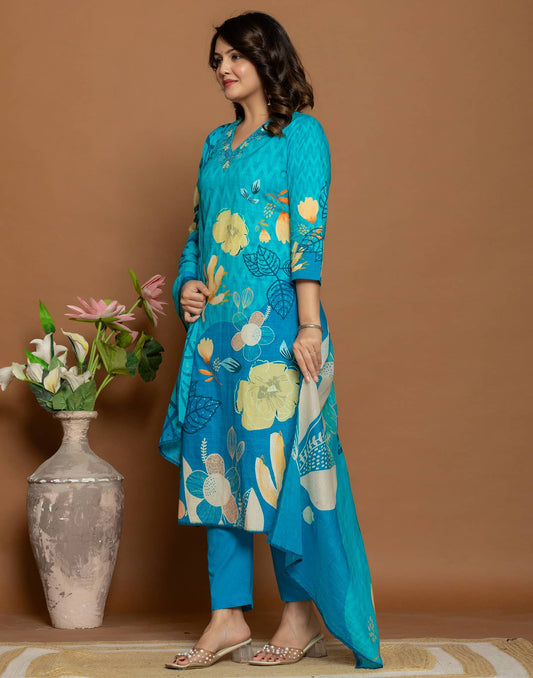 Blue Cotton Printed Straight Kurta Set with Pant & Dupatta for Women Affordable Daily Wear Outfit