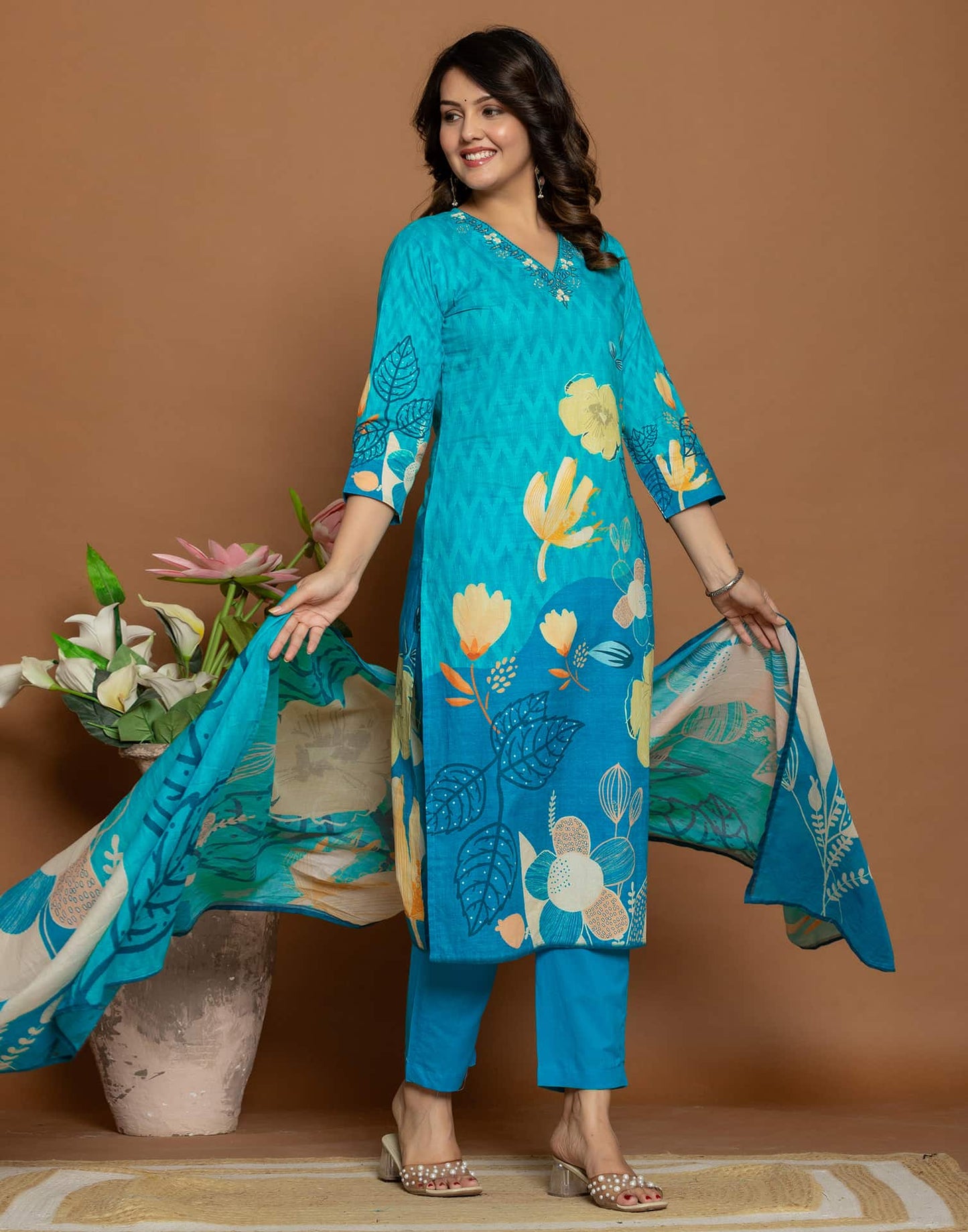 Blue Cotton Printed Straight Kurta Set with Pant & Dupatta for Women Affordable Daily Wear Outfit