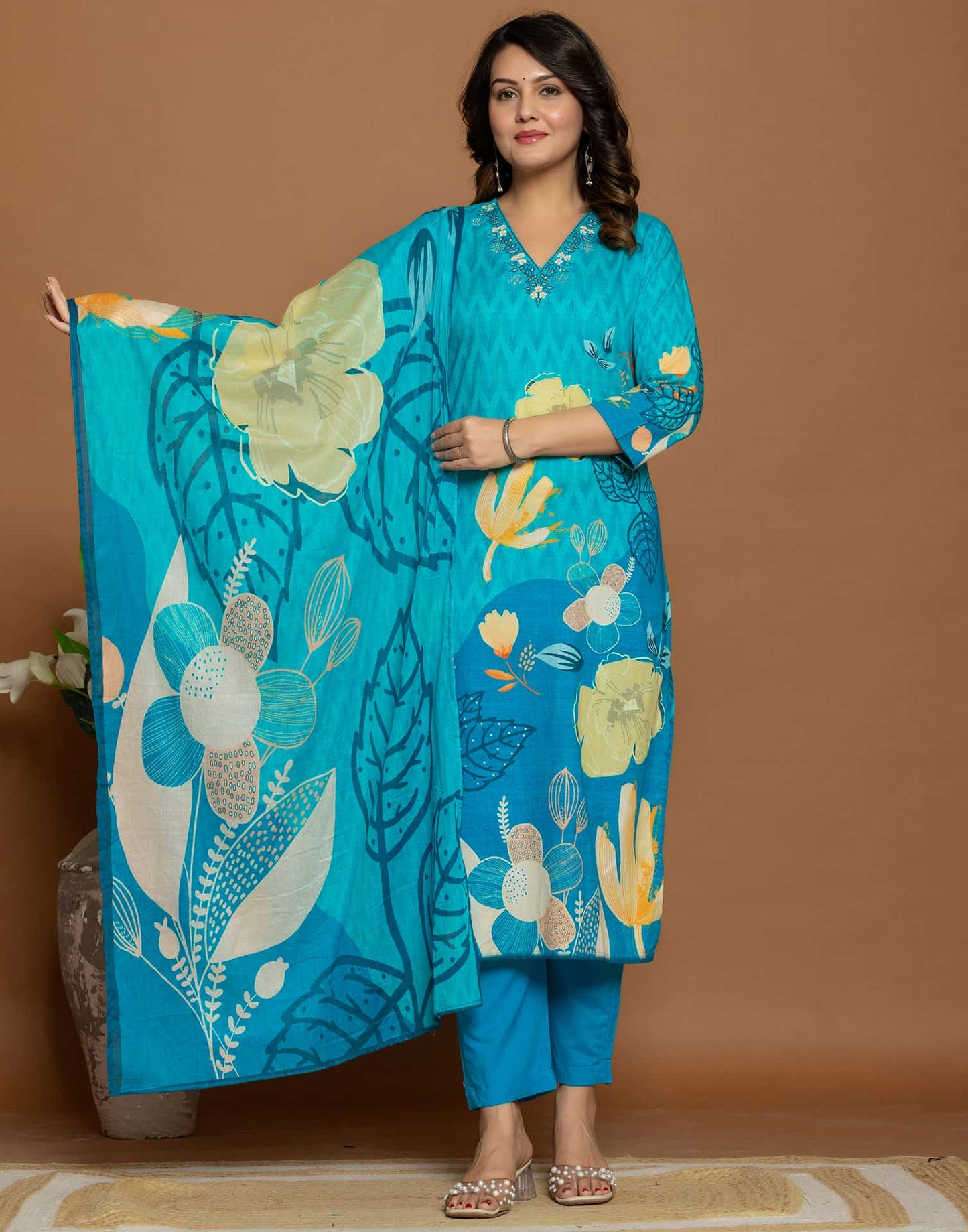 Blue Cotton Printed Straight Kurta Set with Pant & Dupatta for Women Affordable Daily Wear Outfit