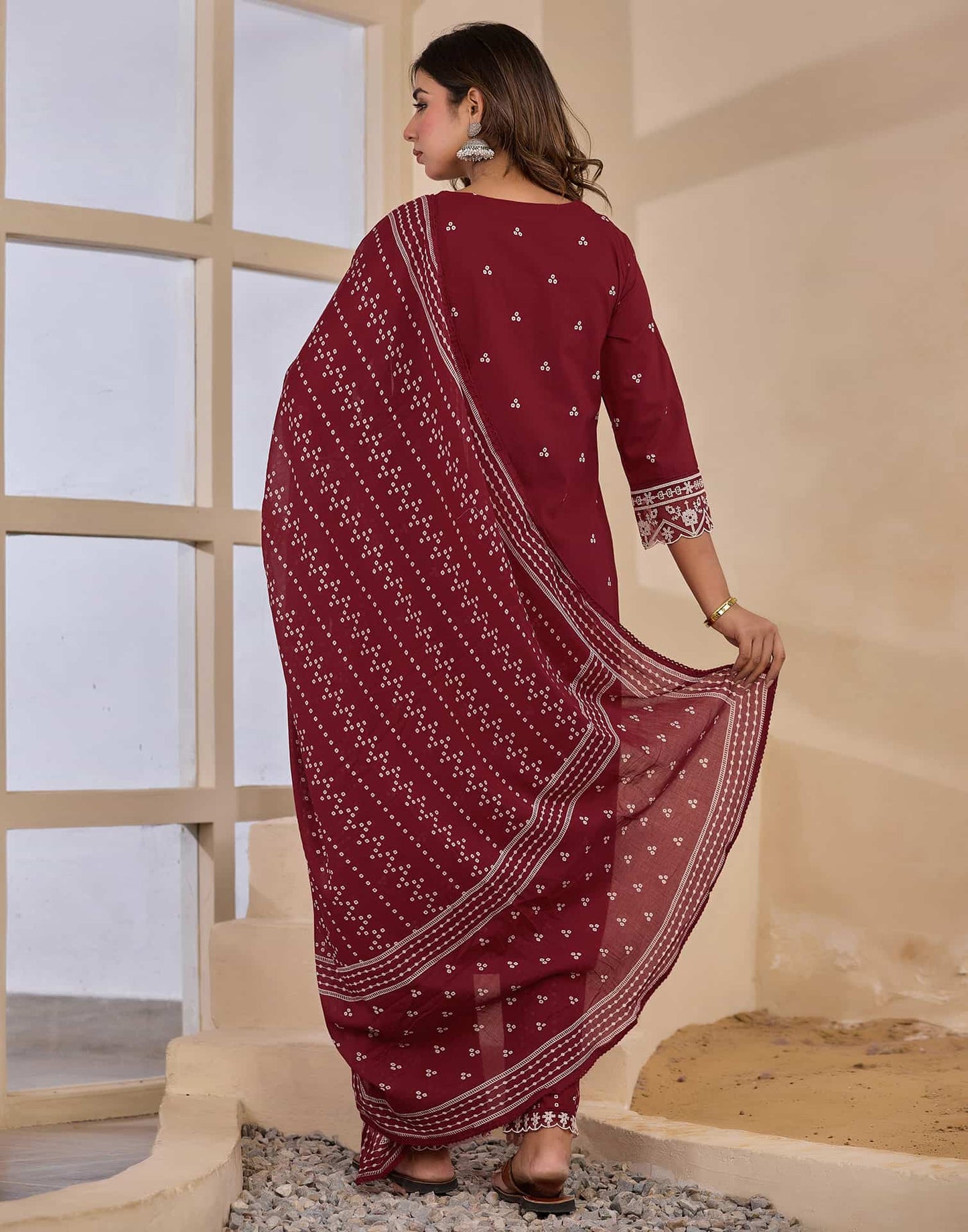 Maroon Cotton Embroidered Straight Kurta Set with Pant & Dupatta for Women Affordable Ethnic Wear under 1299