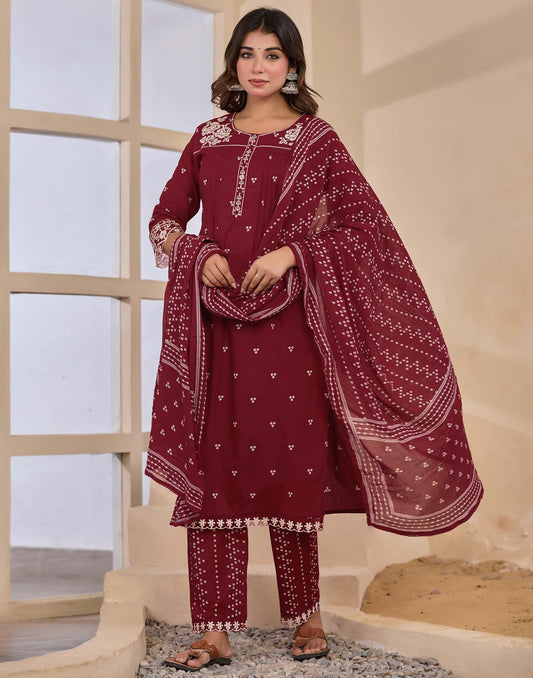 Maroon Cotton Embroidered Straight Kurta Set with Pant & Dupatta for Women Affordable Ethnic Wear under 1299