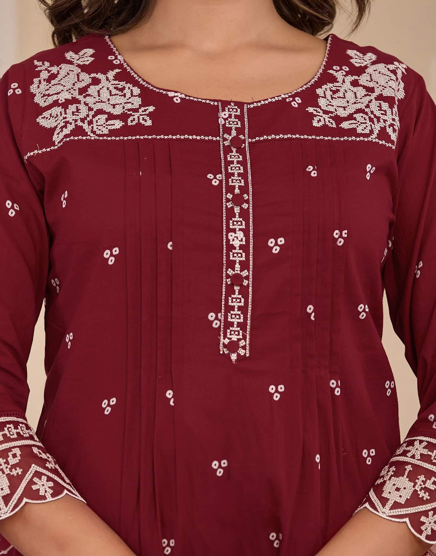 Maroon Cotton Embroidered Straight Kurta Set with Pant & Dupatta for Women Affordable Ethnic Wear under 1299