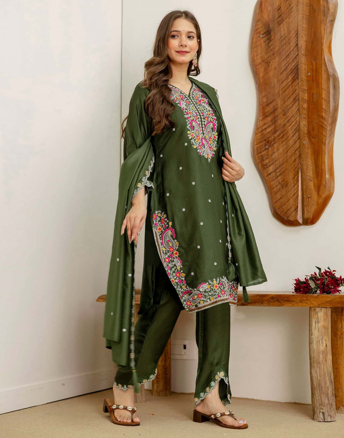 Green Silk Embroidered Straight Kurta Set with Pant and Dupatta for Women under 1299