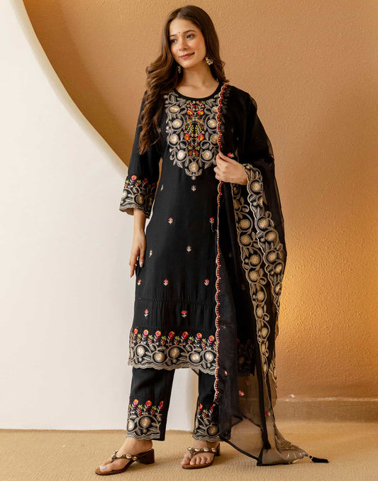 Black Silk Embroidered Straight Kurta Set with Pant & Dupatta under 1299