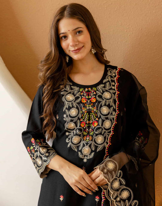 Black Silk Embroidered Straight Kurta Set with Pant & Dupatta under 1299