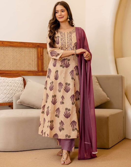 Beige Cotton Printed Anarkali Kurta Set with Pant & Dupatta under 1299