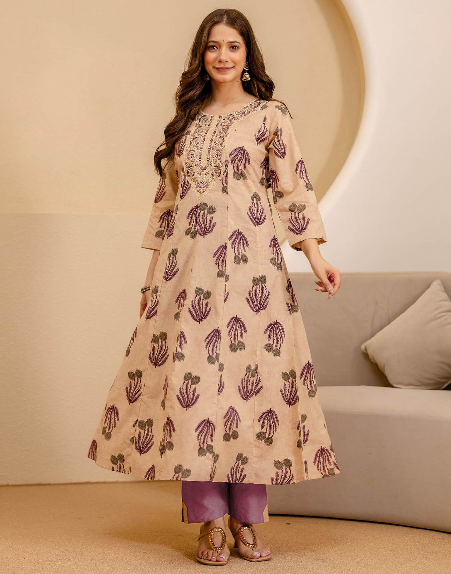 Beige Cotton Printed Anarkali Kurta Set with Pant & Dupatta under 1299