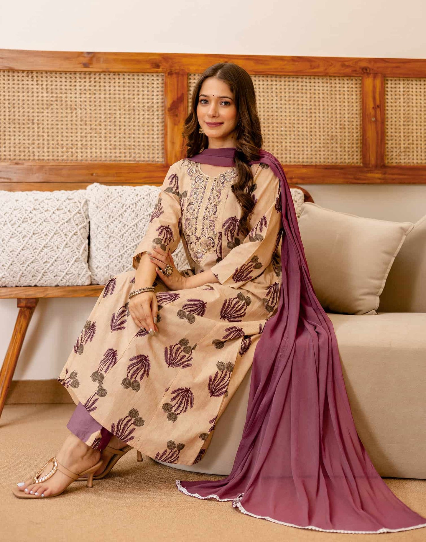 Beige Cotton Printed Anarkali Kurta Set with Pant & Dupatta under 1299