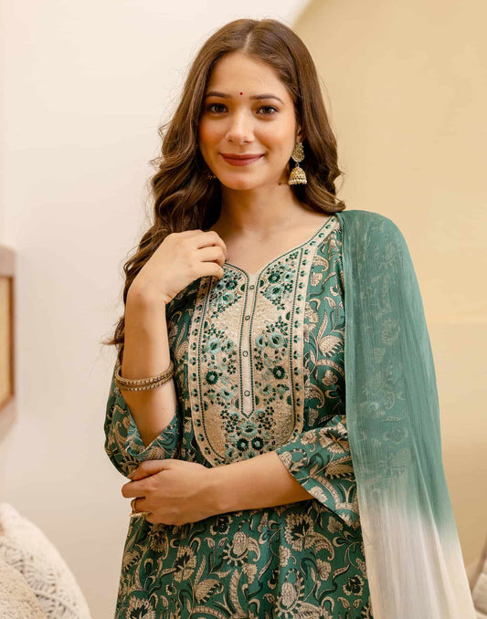 Green Cotton Printed Anarkali Kurta Set with Pant & Dupatta under 999