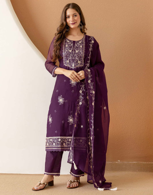 Purple Silk Embroidered Straight Kurta Set with Pant & Dupatta
