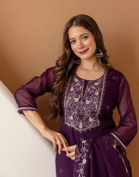 Purple Silk Embroidered Straight Kurta Set with Pant & Dupatta