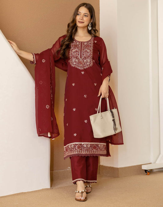 Maroon Silk Embroidered Straight Kurta Set with Pant & Dupatta for Women