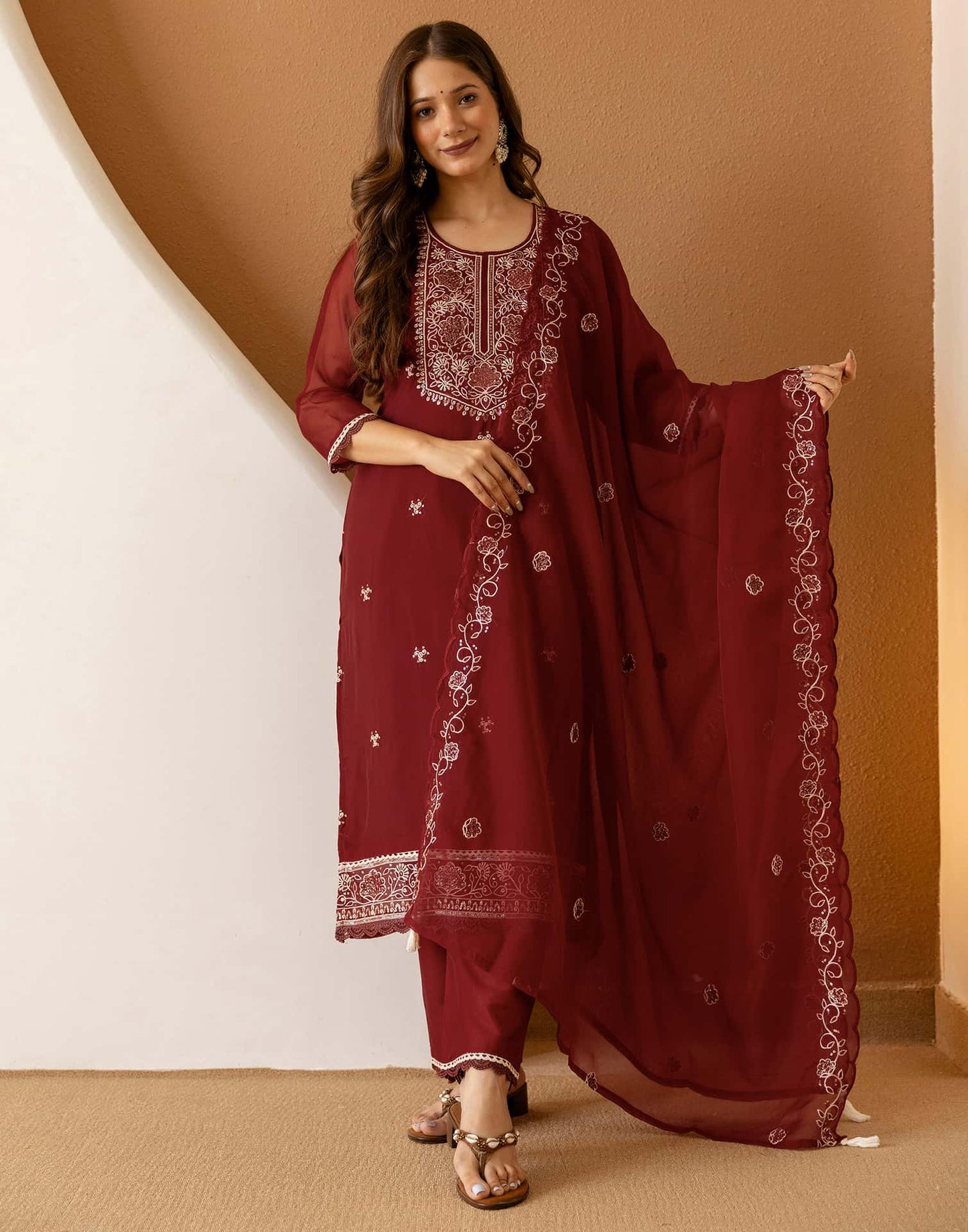 Maroon Silk Embroidered Straight Kurta Set with Pant & Dupatta for Women
