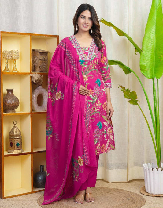 Pink Cotton Printed Straight Kurta Set with Pant & Dupatta for Women under 999