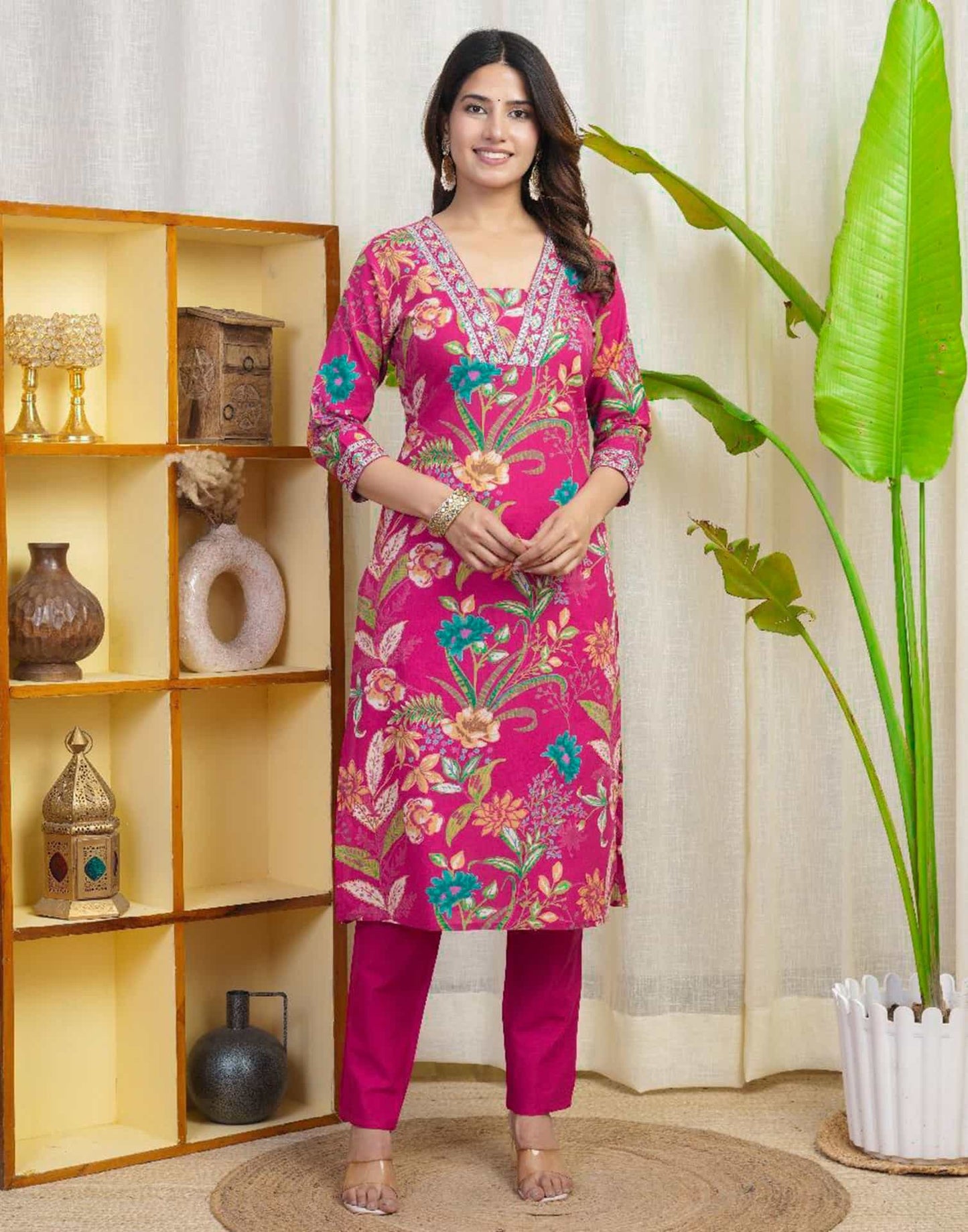 Pink Cotton Printed Straight Kurta Set with Pant & Dupatta for Women under 999