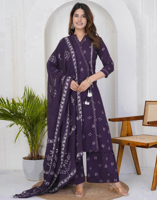 Purple Cotton Printed A-Line Kurta Set with Palazzo & Dupatta for Women under 1299