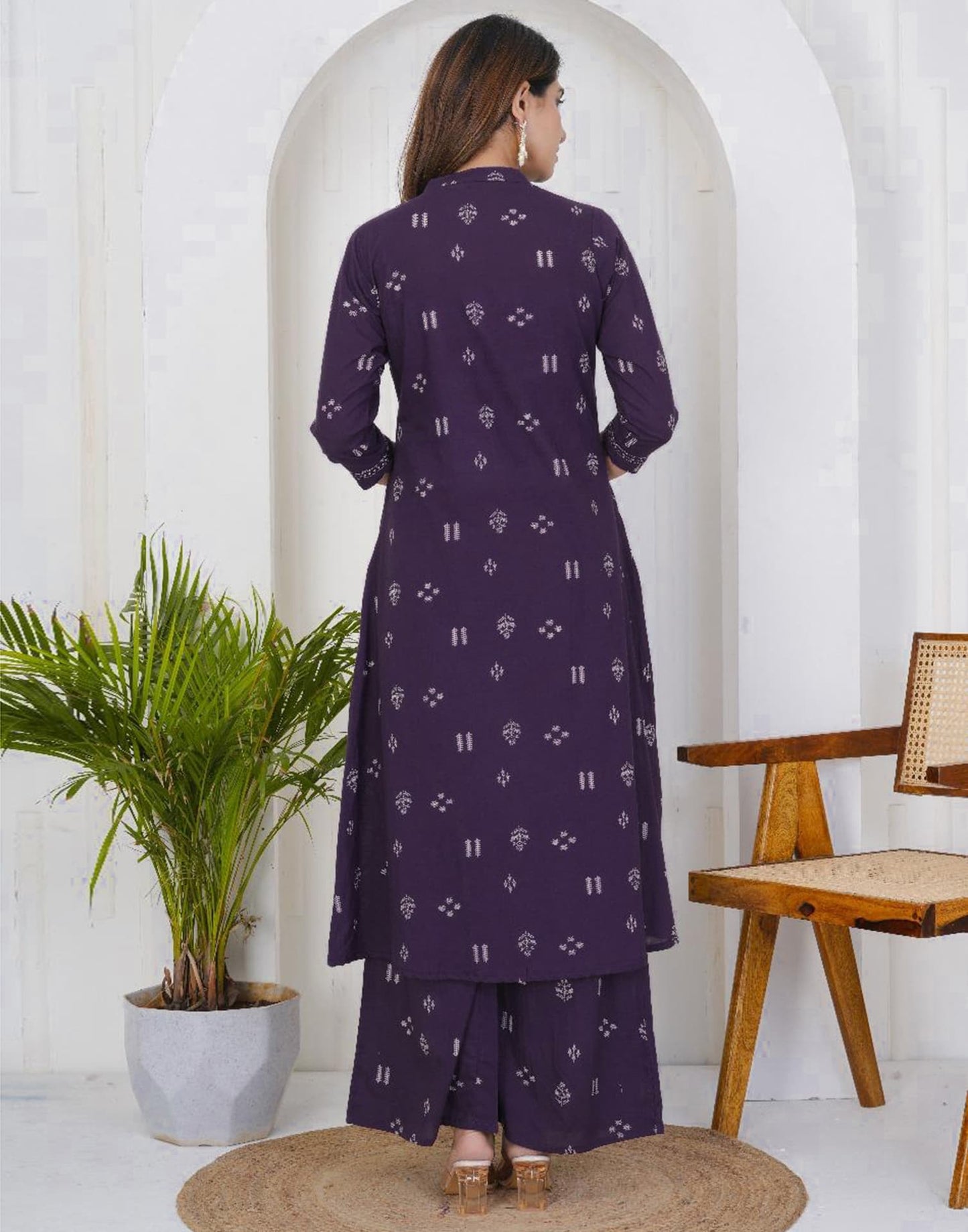 Purple Cotton Printed A-Line Kurta Set with Palazzo & Dupatta for Women under 1299