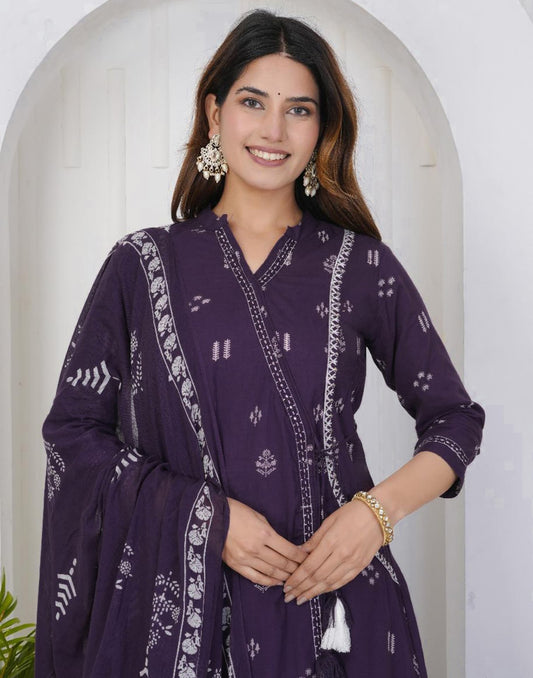 Purple Cotton Printed A-Line Kurta Set with Palazzo & Dupatta for Women under 1299