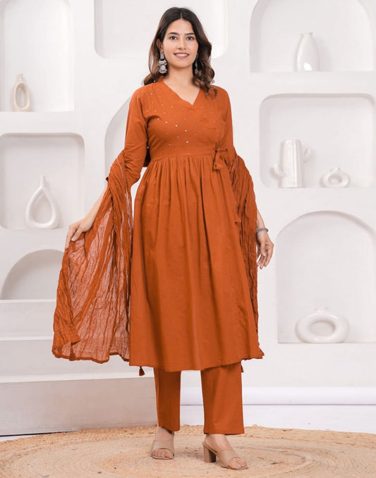 Orange Cotton Sequence Anarkali Kurta Set with Pant & Dupatta