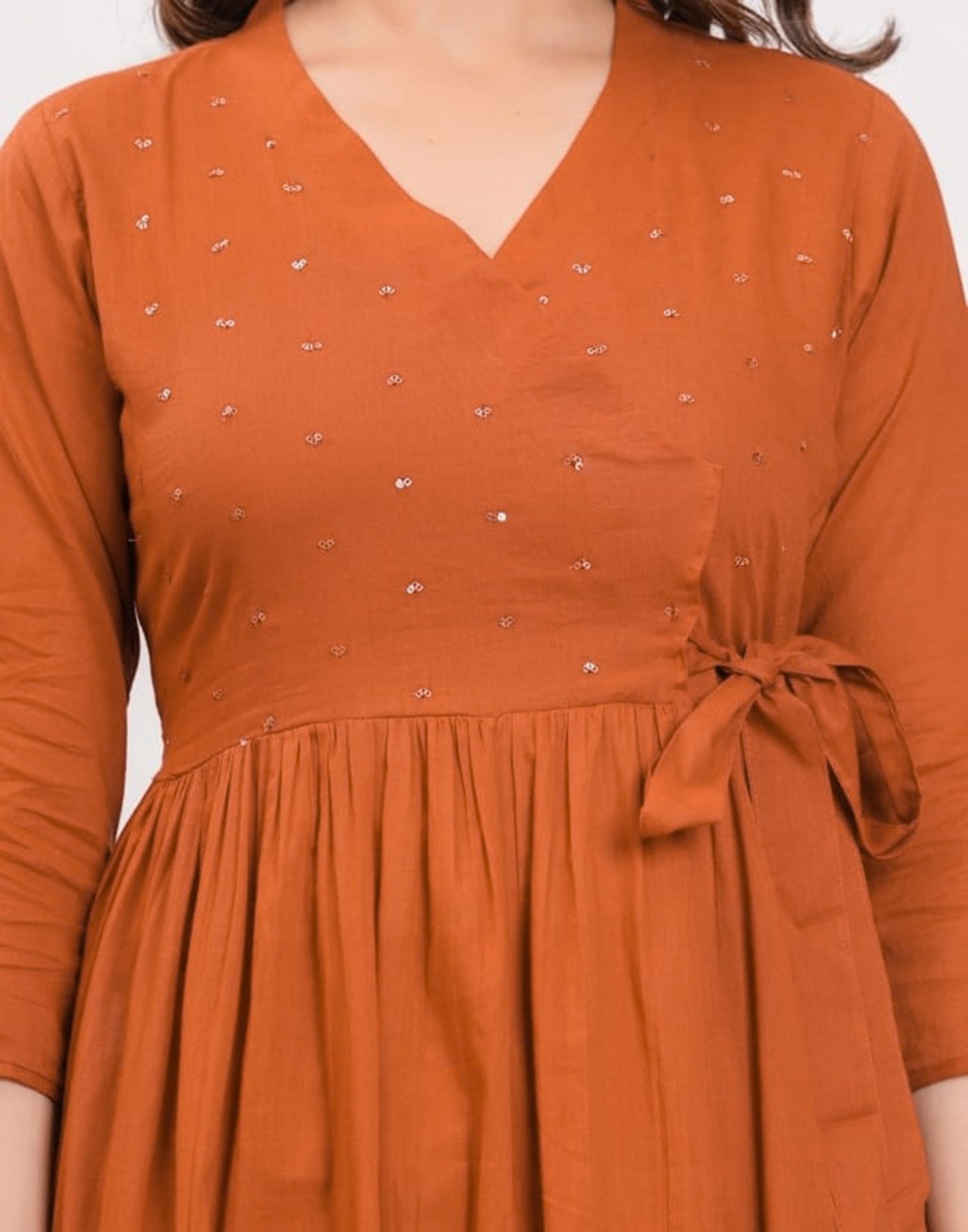 Orange Cotton Sequence Anarkali Kurta Set with Pant & Dupatta