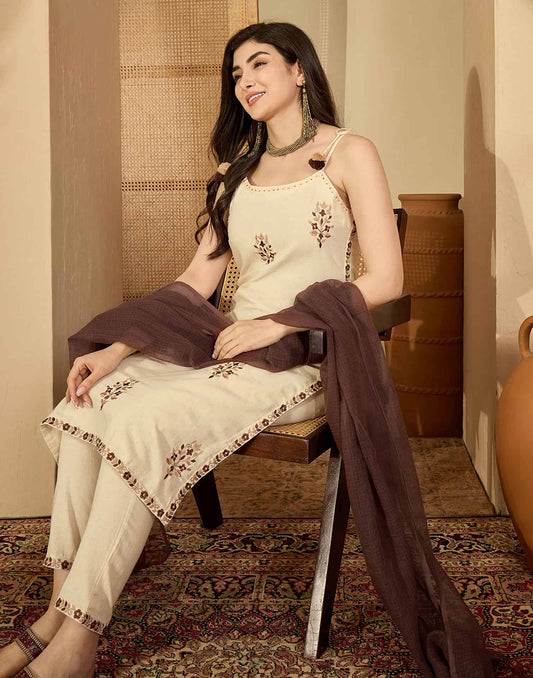 Beige Cotton Embroidered Straight Kurta Set with Pant & Dupatta Affordable Square Neck Ethnic Kurti for Casual