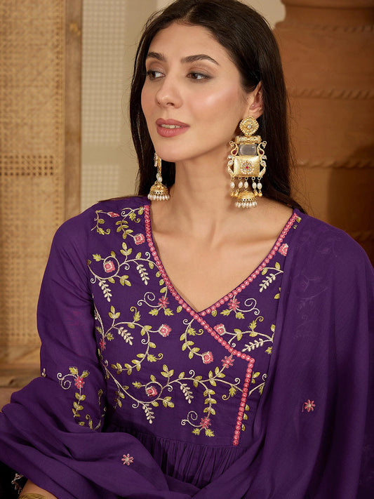 Cotton Embroidered Anarkali Kurta with Pant & Dupatta