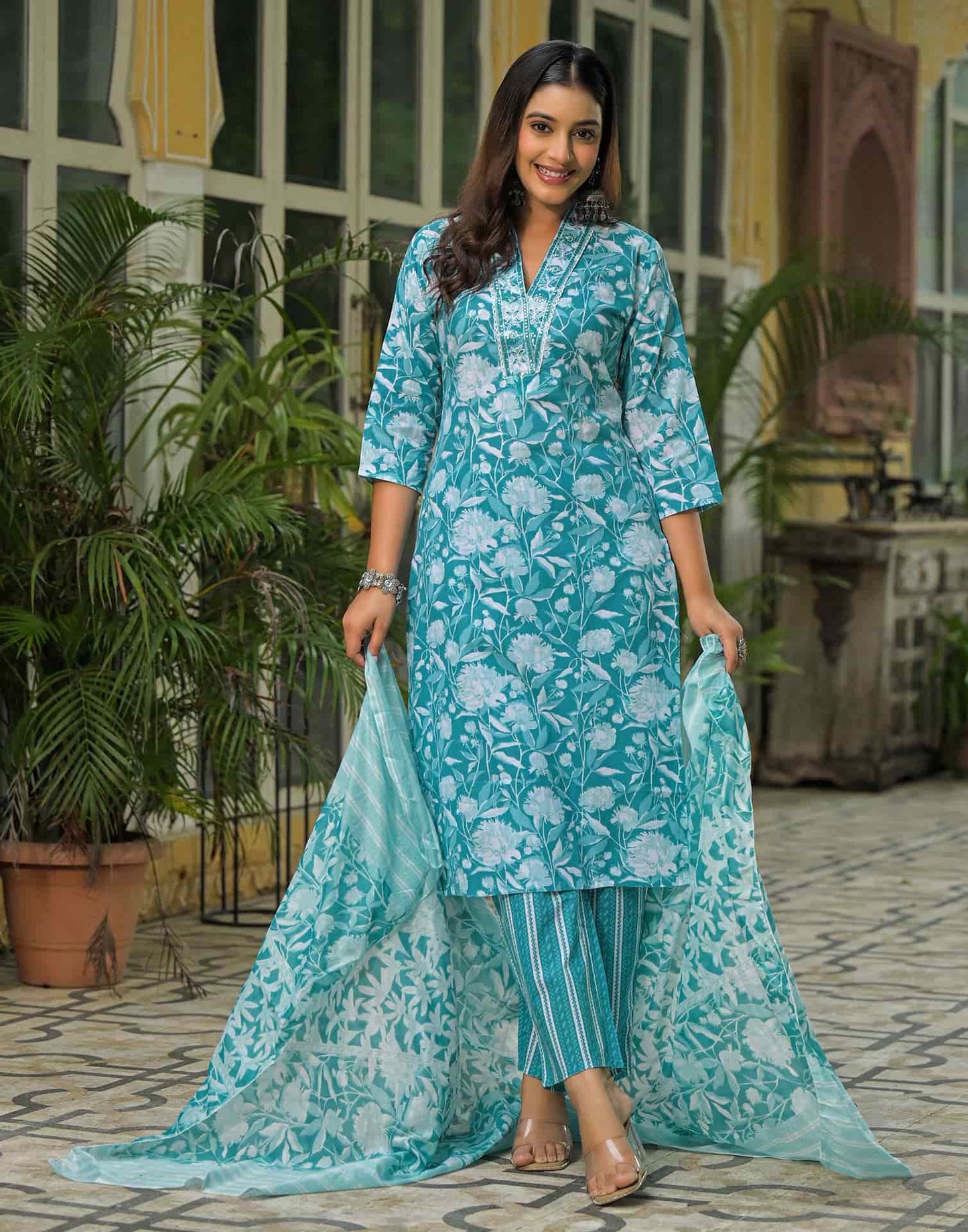 Cotton Printed Straight Kurta with Pant & Dupatta