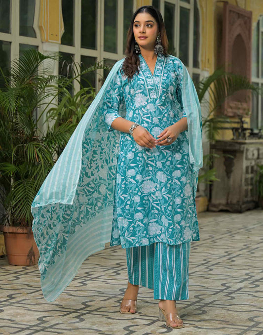 Cotton Printed Straight Kurta with Pant & Dupatta