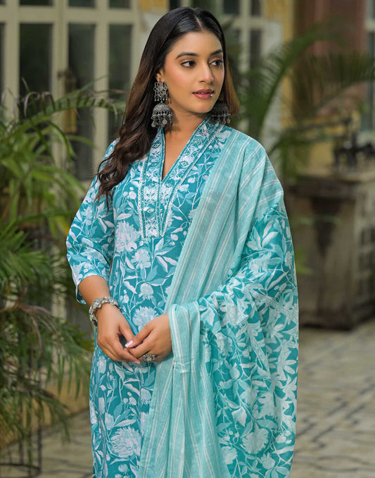 Cotton Printed Straight Kurta with Pant & Dupatta