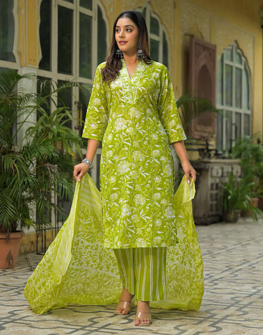 Cotton Printed Straight Kurta with Pant & Dupatta