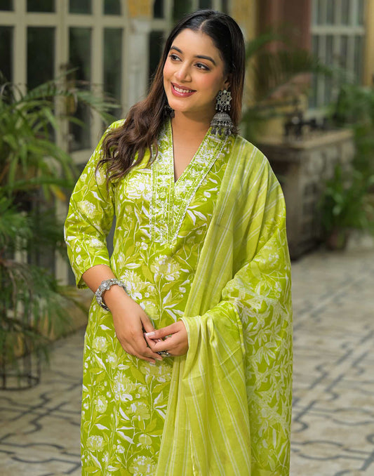 Cotton Printed Straight Kurta with Pant & Dupatta