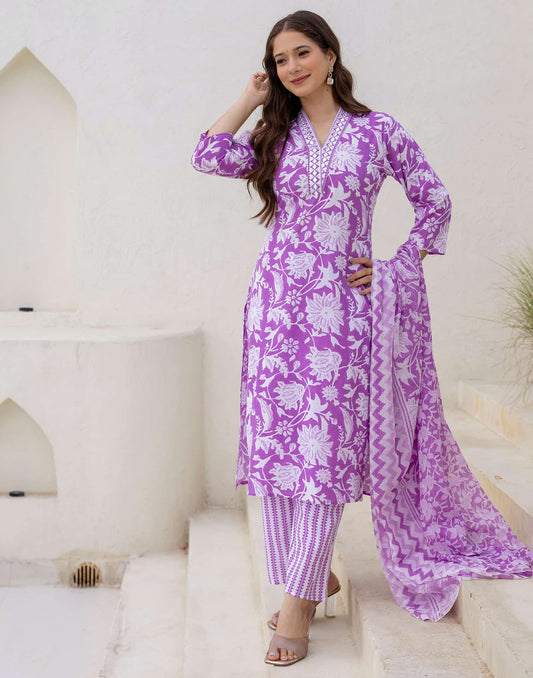 Cotton Printed Straight Kurta with Pant & Dupatta
