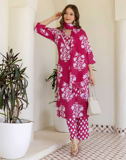 Cotton Straight Printed V-Neck Kurta with Pant & Dupatta