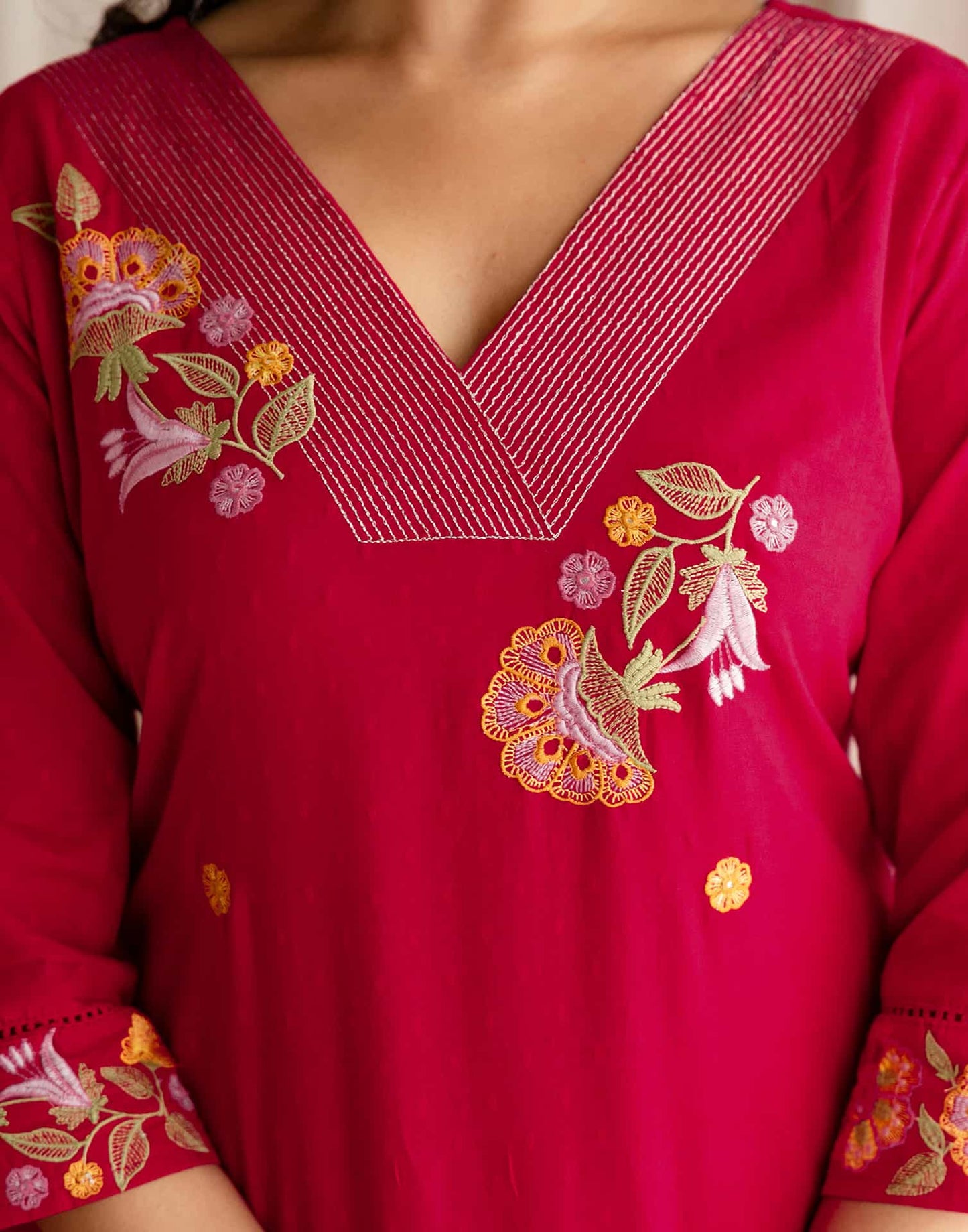 Red Cotton Embroidered Straight Kurta Set with Pant & Dupatta Affordable V-Neck Ethnic Kurti for Office