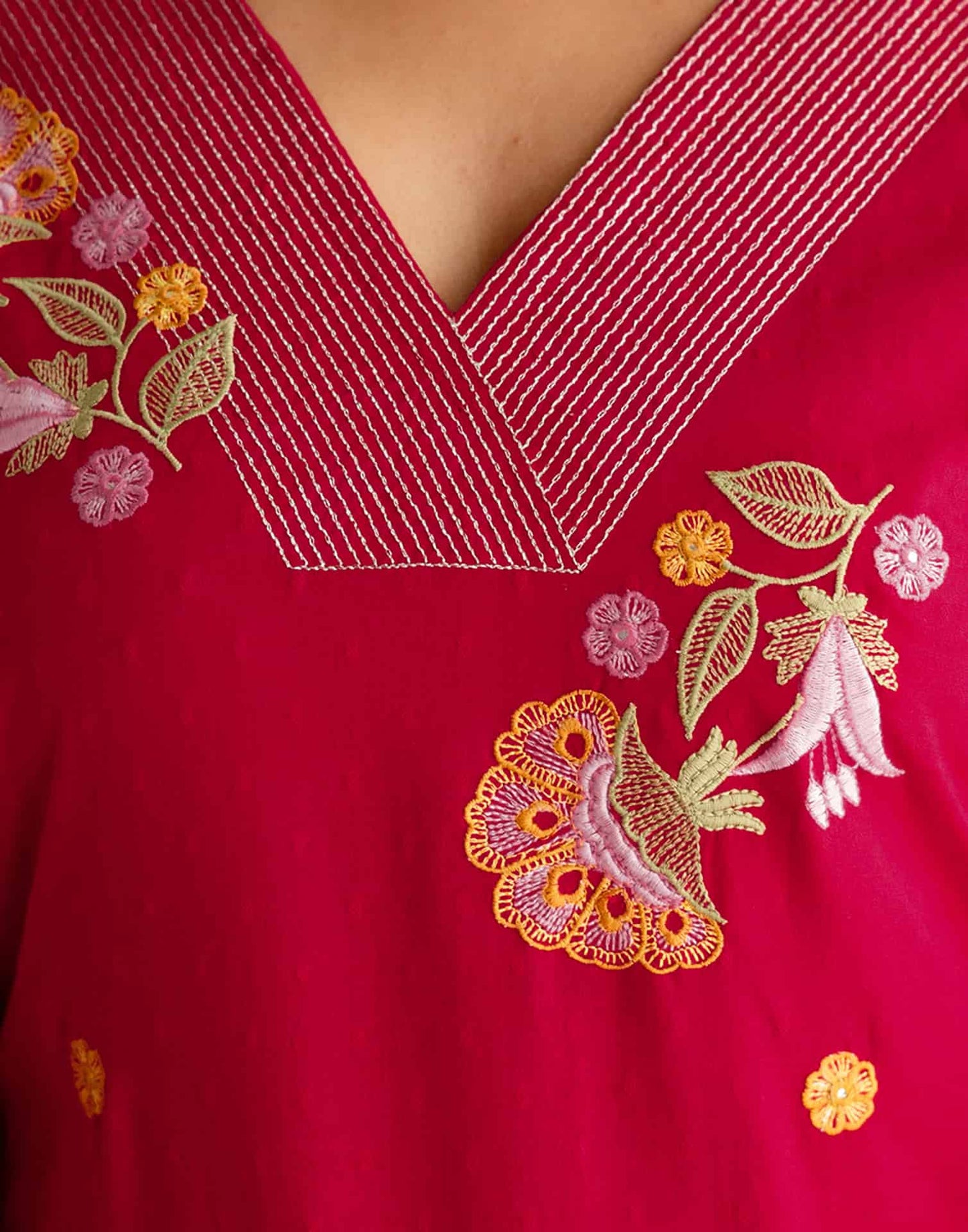 Red Cotton Embroidered Straight Kurta Set with Pant & Dupatta Affordable V-Neck Ethnic Kurti for Office