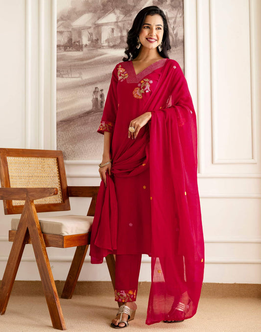 Red Cotton Embroidered Straight Kurta Set with Pant & Dupatta Affordable V-Neck Ethnic Kurti for Office,