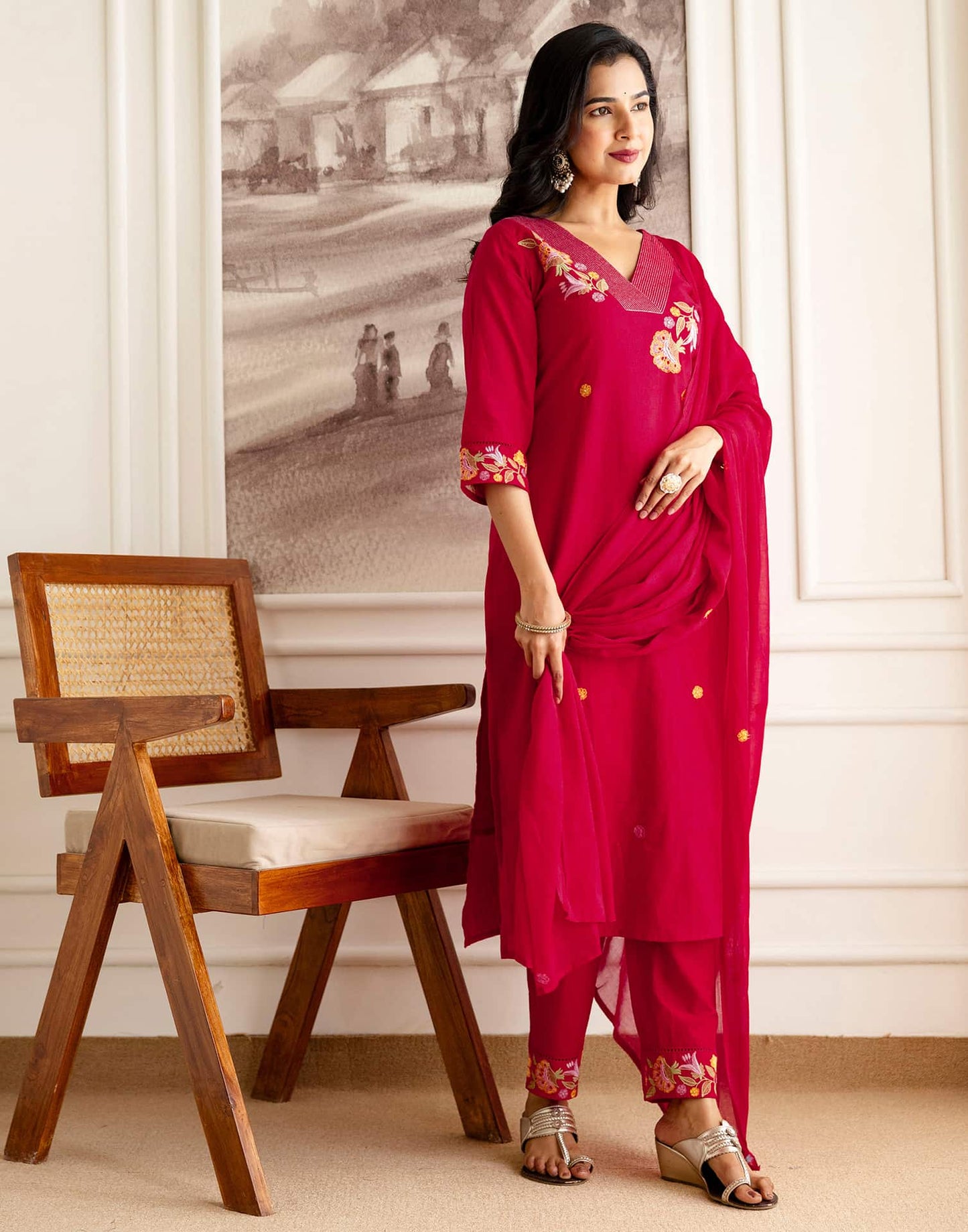 Red Cotton Embroidered Straight Kurta Set with Pant & Dupatta Affordable V-Neck Ethnic Kurti for Office