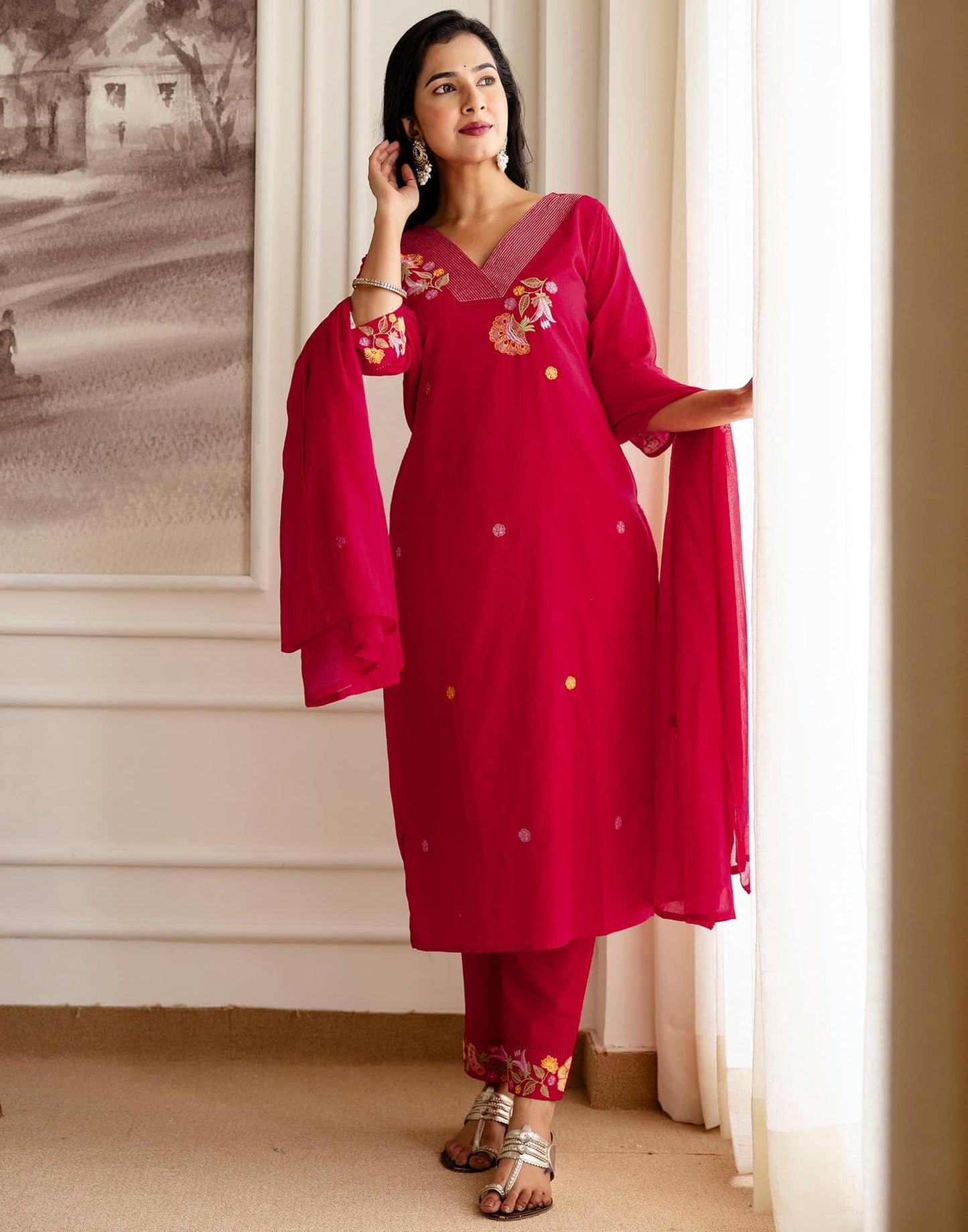 Red Cotton Embroidered Straight Kurta Set with Pant & Dupatta Affordable V-Neck Ethnic Kurti for Office
