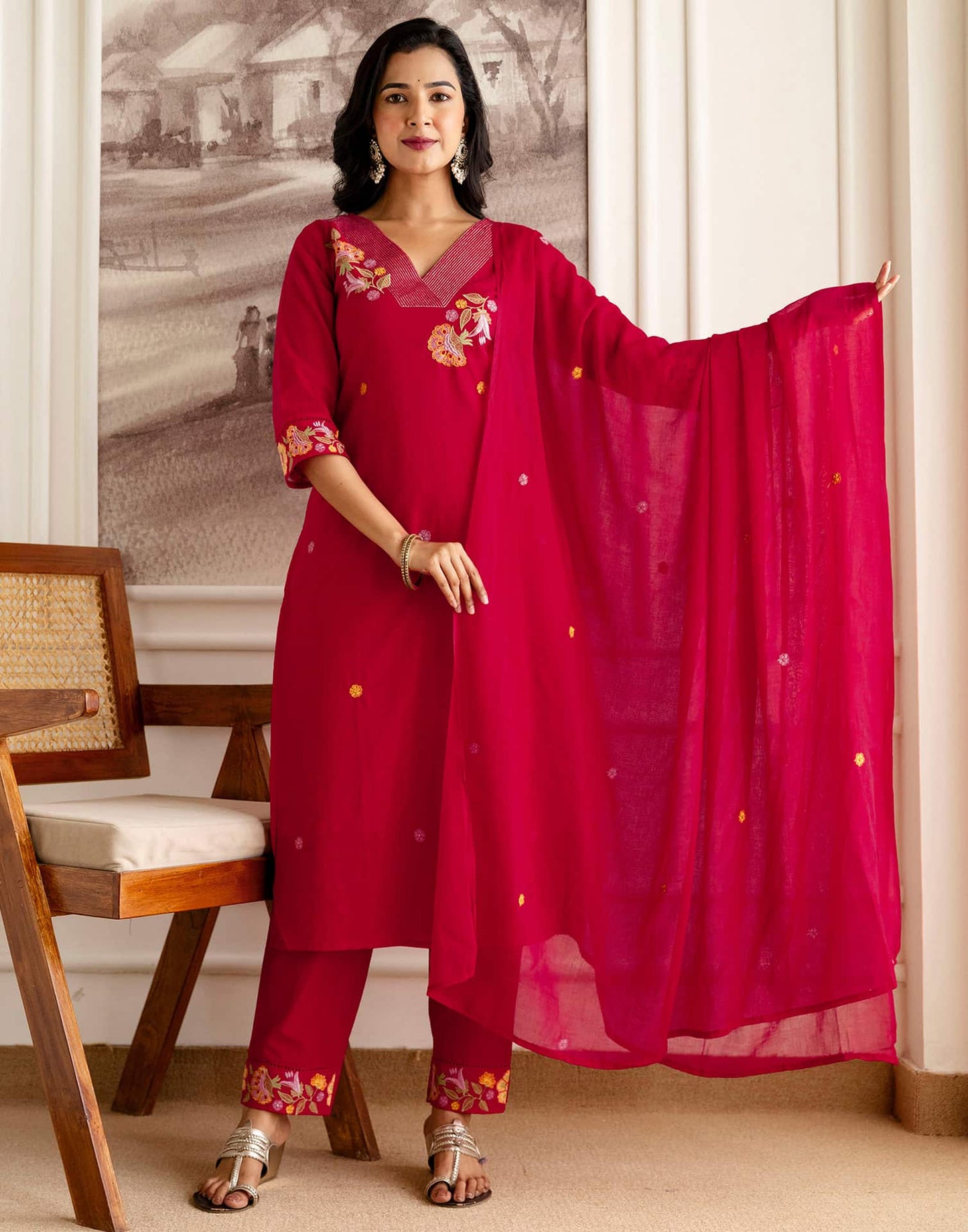 Red Cotton Embroidered Straight Kurta Set with Pant & Dupatta Affordable V-Neck Ethnic Kurti for Office