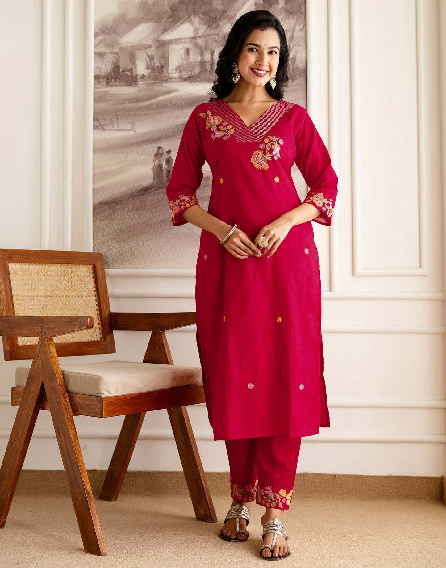 Red Cotton Embroidered Straight Kurta Set with Pant & Dupatta Affordable V-Neck Ethnic Kurti for Office